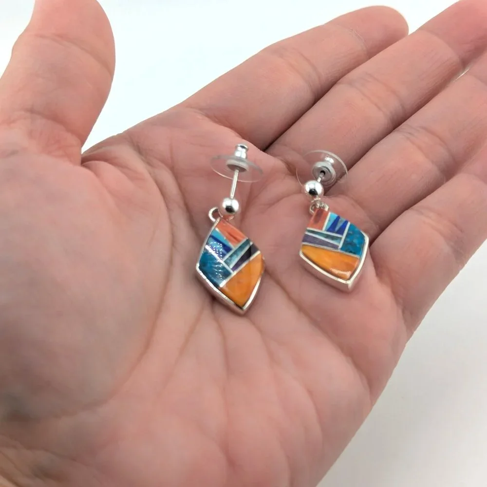 Handcrafted Navajo Multi Stone Inlay Dangle Sterling Silver Earrings Southwest**